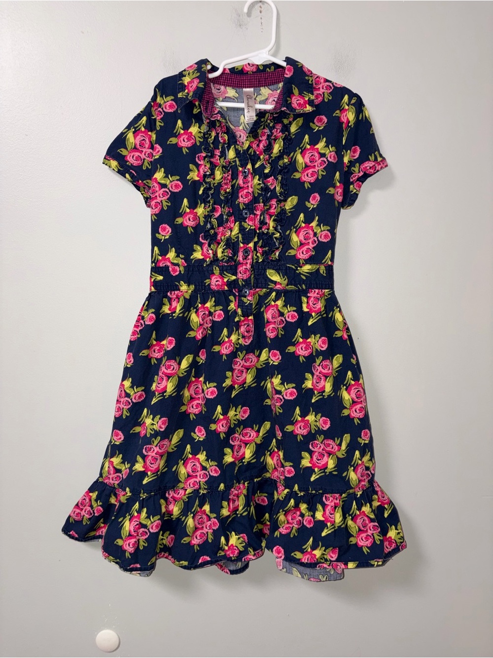 Cherokee Navy Pink Floral Collared Dress Ruffles Buttons Tie Waist Girls L 10/12